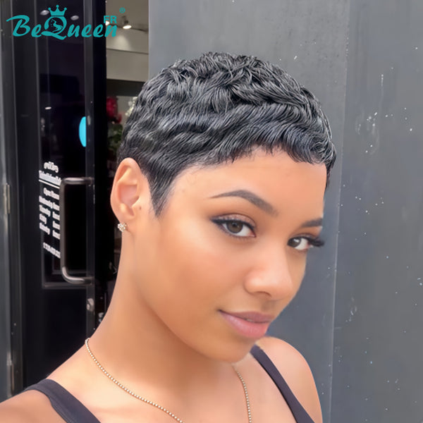Bequeen Perruque “Chioma” Pixie noir curly à la machine sans colle Prêt à porter style 12