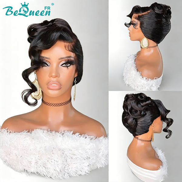 BeQueen "Fornel" Peluca de boda negra Chongo con Raya Frontal 13x4