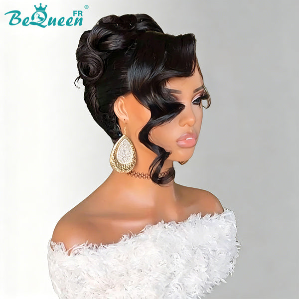 BeQueen "Fornel" Peluca de boda negra Chongo con Raya Frontal 13x4