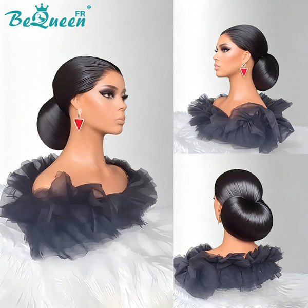 BeQueen "Ivanie" Peluca de boda negra Chongo con Raya Frontal 13x4