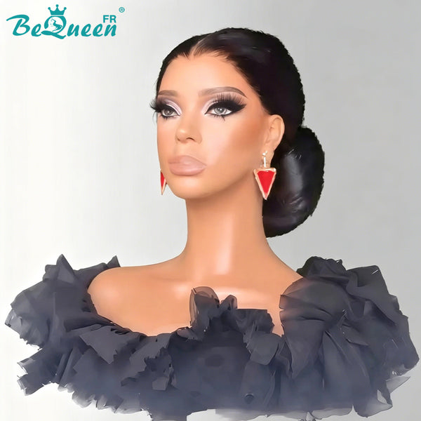 BeQueen "Ivanie" Peluca de boda negra Chongo con Raya Frontal 13x4