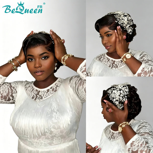 BeQueen "Marisol" Peluca de boda negra Chongo con Frontera en Encaje 13x4