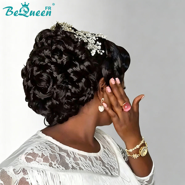 BeQueen "Marisol" Peluca de boda negra Chongo con Frontera en Encaje 13x4