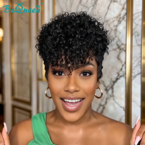 Bequeen Perruque “Inès” Pixie noir curly à la machine sans colle