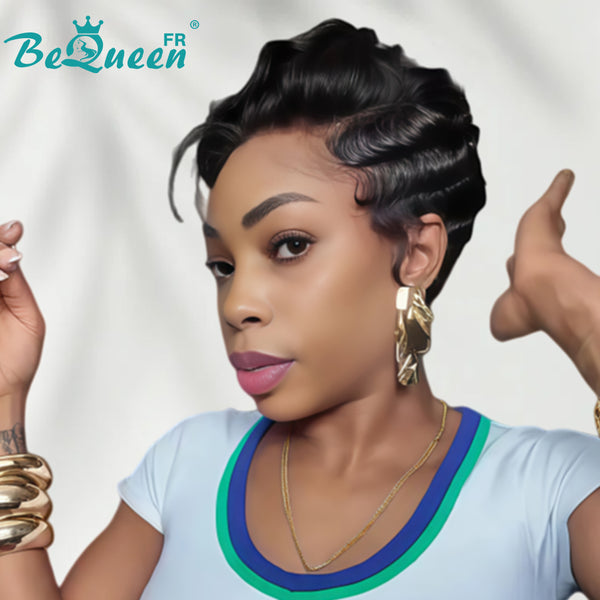 Bequeen Perruque "Chris" lisse Noir Prêt à porter 100% cheveux humains sans colle style 12