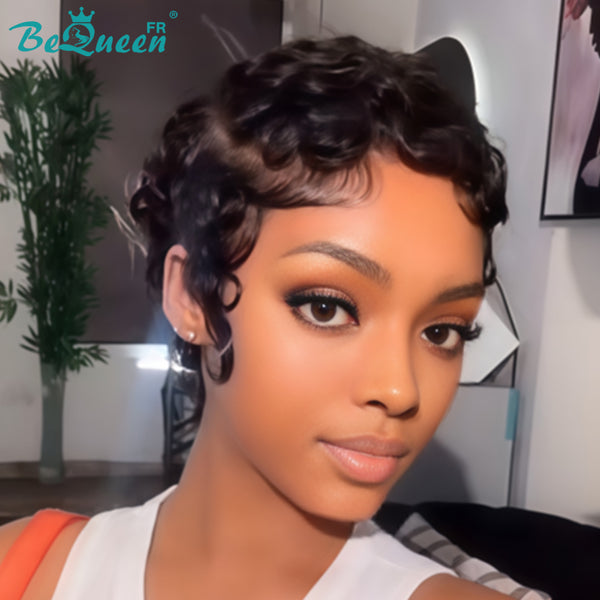 Bequeen Peruca “Chioma” Pixie preta cacheada, feita à máquina, sem cola, pronta a usar, estilo 15