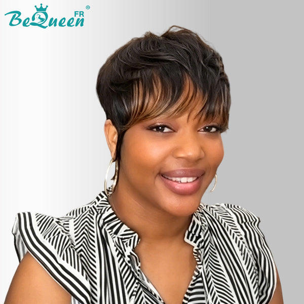 Bequeen Perruque "Suey" lisse à la machine Noir mix marron 100% cheveux humains style 45