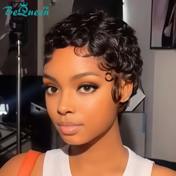Bequeen Peruca “Chioma” Pixie preta cacheada, feita à máquina, sem cola, pronta a usar, estilo 15