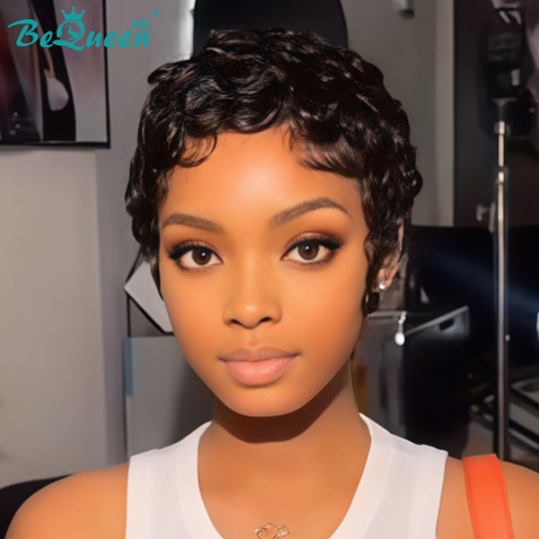 Bequeen Peruca “Chioma” Pixie preta cacheada, feita à máquina, sem cola, pronta a usar, estilo 15