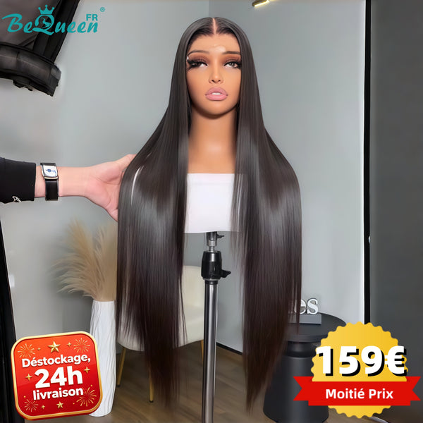 BeQueen “Mina” Perruque longue 28 pouces lisse couleur Noir avec lace closure 4*4 sans colle En France Soldes 24h livraison 100% cheveux humains