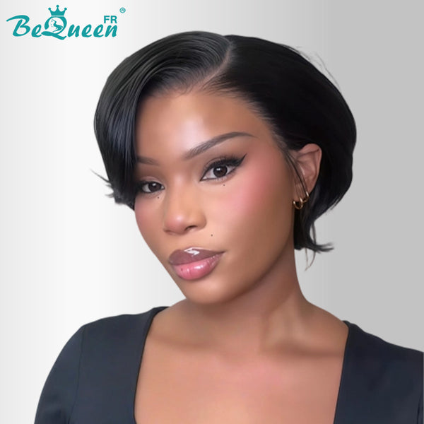BeQueen "Chris" Glatte schwarze Bob-Perücke mit Seitenscheitel, Front-Lace, ohne Kleber, Style 18, 100 % Rohhaar, gute Qualität, kann 20 Jahre halten