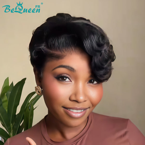 BeQueen "Chris" Perruque pixie Lisse 8 pouces noir Raie du côté lace frontale sans colle Moitié prix