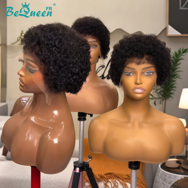 BeQueen "Enya" Perruque Bob Afro Curly Noir avec lanugo dentelle frontale 13X4 Sans colle perruque naturelle