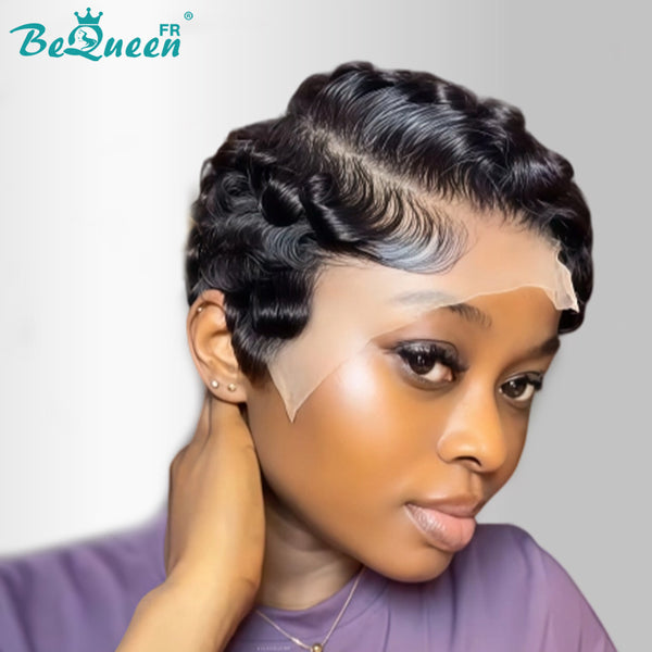 Bequeen Perücke „Chioma“ Pixie, schwarz, lockig, mit Front Lace, 100 % Raw Hair, gute Qualität, kann 20 Jahre halten