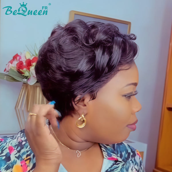 Bequeen "Chioma" Black Curly Pixie Wig, Machine-Made, Glueless, Ready-to-Wear, Style 17