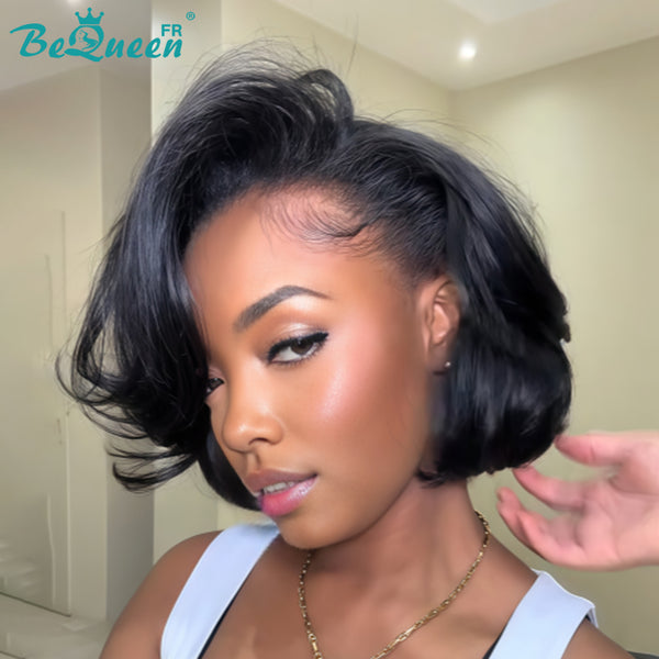 BeQueen "Chris" Perruque Bob Lisse 8 pouces noir Raie du côté lace frontale sans colle style 5 Moitié prix
