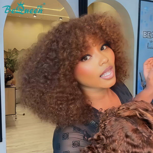 BeQueen "Josie" Peluca bob curly wave marrón hecha a máquina 12 pulgadas, a mitad de precio