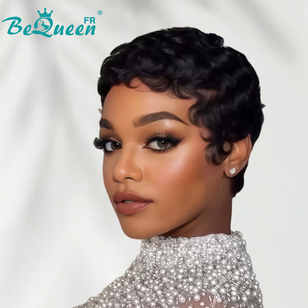 Bequeen Peruca “Chioma” Pixie preta ondulada sem cola Pronta para usar