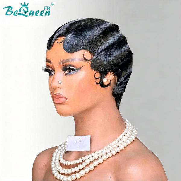 Bequeen Perruque “Joelle” Pixie noir finger wave sans colle Prêt à porter
