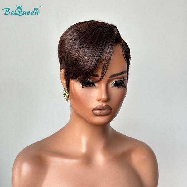 BeQueen "Chris" Glatte schwarze Bob-Perücke mit Seitenscheitel, Front-Lace, ohne Kleber, Style 18, 100 % Rohhaar, gute Qualität, kann 20 Jahre halten