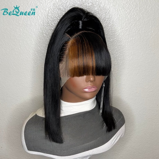 Bequeen Perruque "Naomi" noir mix miel avec frange avec chigon 100% cheveux humains style 3