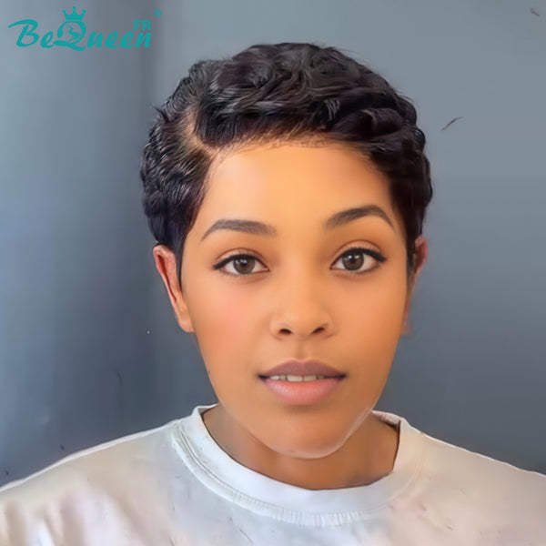 Bequeen Peruca “Chioma” Pixie preta cacheada, feita à máquina, sem cola, pronta a usar, estilo 15