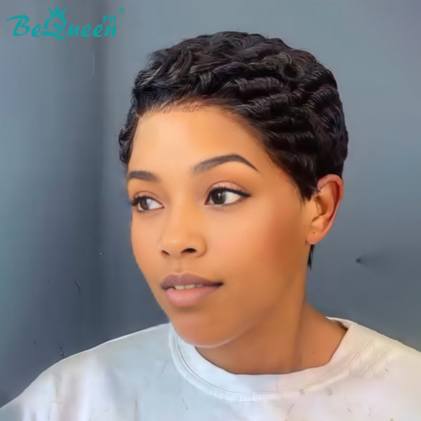 Bequeen Peruca “Chioma” Pixie preta cacheada, feita à máquina, sem cola, pronta a usar, estilo 15