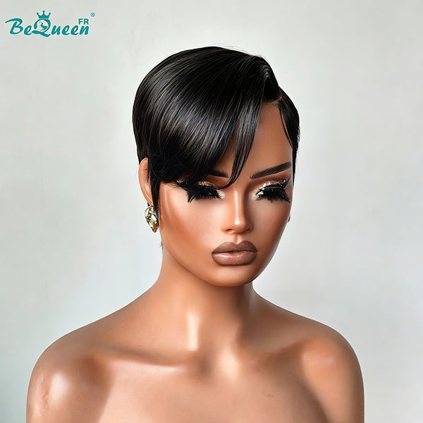 BeQueen "Chris" Glatte schwarze Bob-Perücke mit Seitenscheitel, Front-Lace, ohne Kleber, Style 18, 100 % Rohhaar, gute Qualität, kann 20 Jahre halten