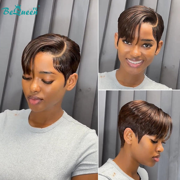 BeQueen "Chris" Glatte schwarze Bob-Perücke mit Seitenscheitel, Front-Lace, ohne Kleber, Style 18, 100 % Rohhaar, gute Qualität, kann 20 Jahre halten