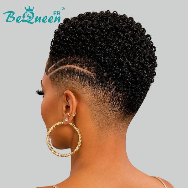 BeQueen "Tanaka" Perruque pixie Afro Curly Sans colle lace pleine avec gravure latérale