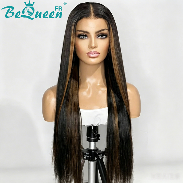 BeQueen Peruca Longa Fechamento Liso Preto Frente Mel Preço Baixo FOU