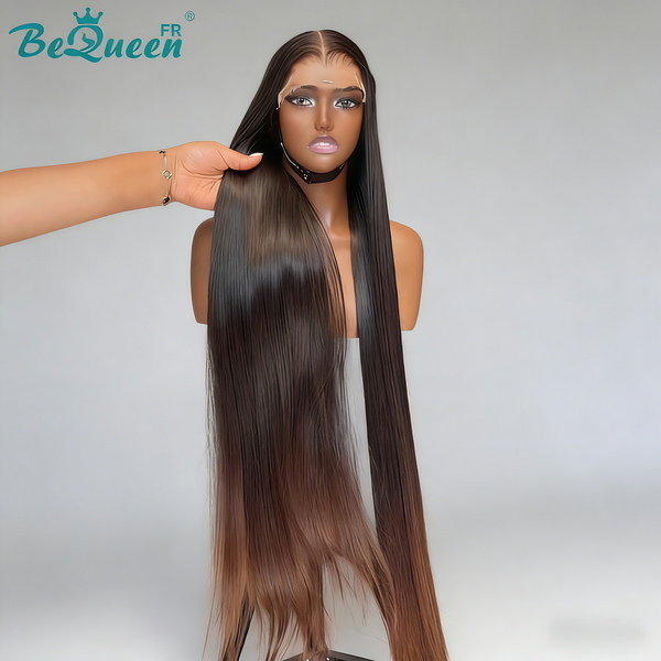 BeQueen "Hilary" Peruca longa lisa Meio preto e castanho com Lace closure 4*4 30 Polegadas Meio preço
