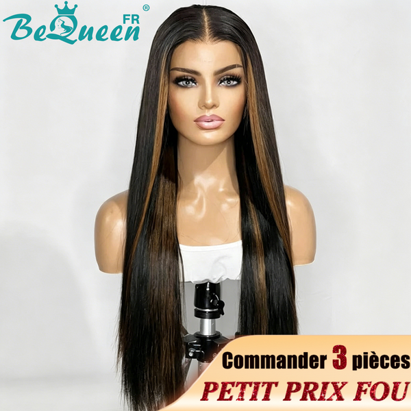 BeQueen Peruca Longa Fechamento Liso Preto Frente Mel Preço Baixo FOU