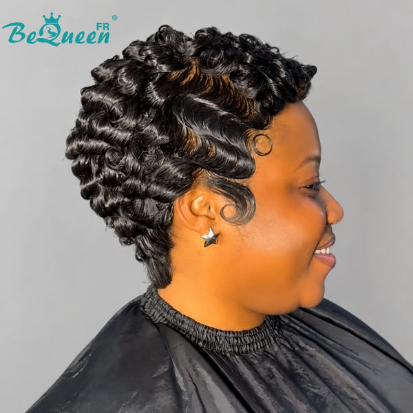 Bequeen Perruque “Suwe” Pixie noir Sans colle Frontale Lace Avec Raie Du Côté style 32