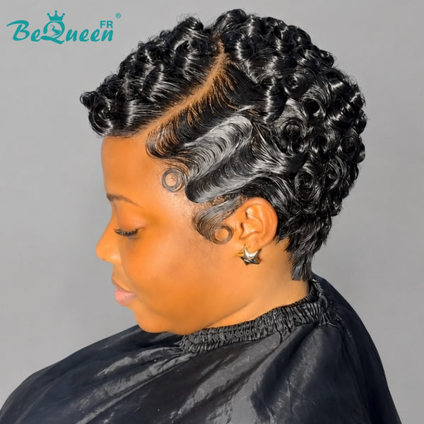 Bequeen Perruque “Suwe” Pixie noir Sans colle Frontale Lace Avec Raie Du Côté style 32