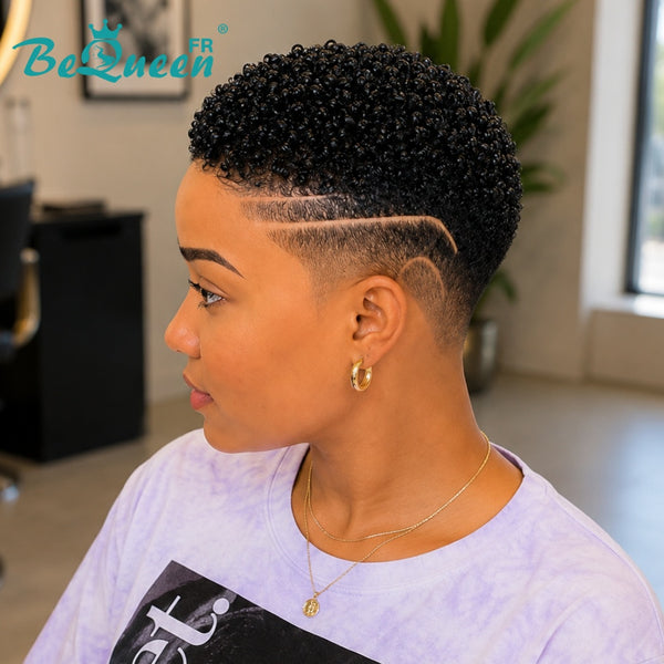 BeQueen "Tanaka" Perruque pixie Afro Curly TWA Sans colle lace pleine avec gravure latérale style 7
