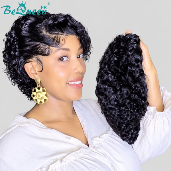 BeQueen "Coco" Black Wig with Lace Front, Kinky Curly Pixie, Glue-Free, 100% Human Hair, Style 5
