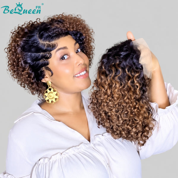 BeQueen "Coco" Black Wig with Lace Front, Kinky Curly Pixie, Glue-Free, 100% Human Hair, Style 5