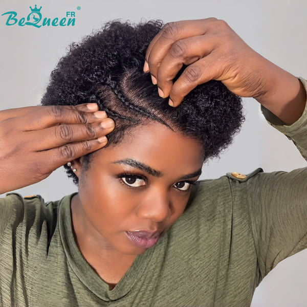 BeQueen "Addi" Perruque pixie Afro Curly noir dentelle frontale 13X4 Sans colle perruque naturelle avec tresse