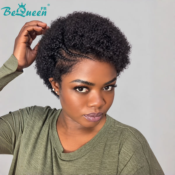 BeQueen "Addi" Perruque pixie Afro Curly noir dentelle frontale 13X4 Sans colle perruque naturelle avec tresse