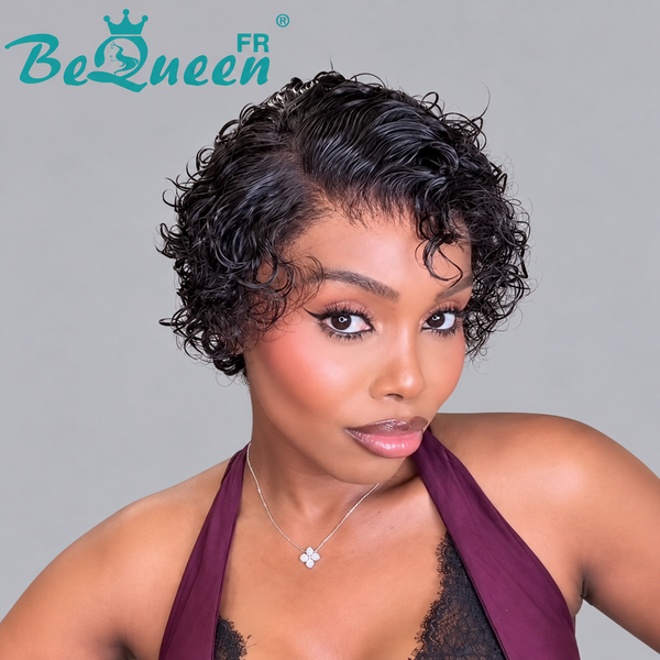 BeQueen "Coco" Perruque Noir avec lace frontale loose curly pixie sans colle 100% cheveux humains