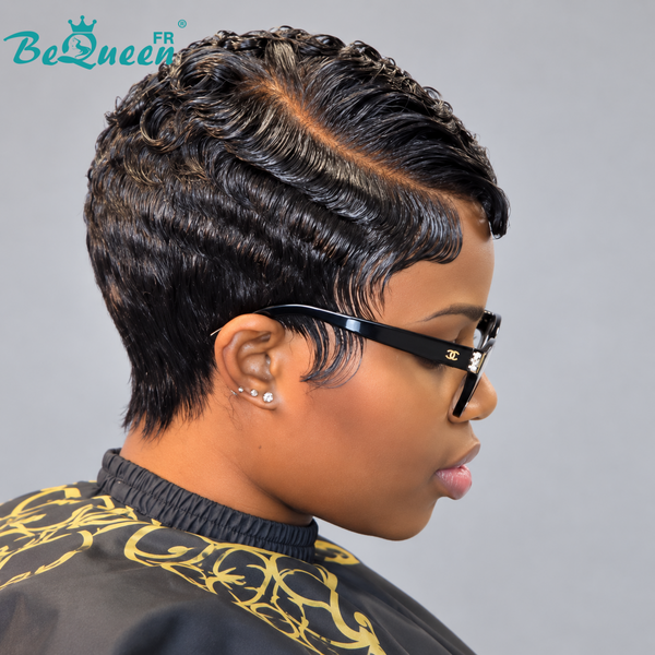 Bequeen “Suwe” Black Pixie Wig, Glueless Lace Front, Side Part, Style 11
