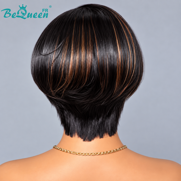 BeQueen "Chris" Straight Pixie Wig, Black Root with Mixed Brown, Side Part, Lace Front, Glue-Free, 100% Raw Hair, Good Quality, Can Last 20 Years, Style 24