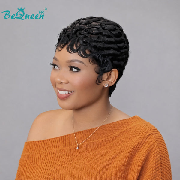 Peluca Bequeen “Chioma” pixie negra rizada hecha a máquina, sin pegamento, estilo listo para usar 17