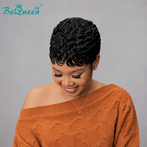 Peluca Bequeen “Chioma” pixie negra rizada hecha a máquina, sin pegamento, estilo listo para usar 17