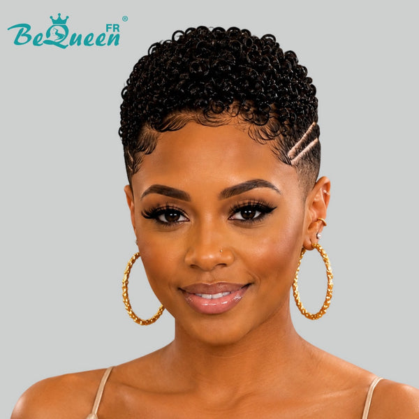BeQueen "Tanaka" Perruque pixie Afro Curly Sans colle lace pleine avec gravure latérale