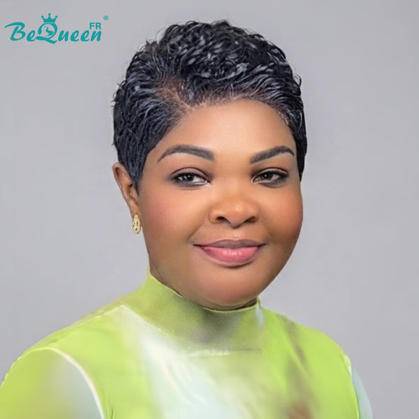 BeQueen "Coco" Black Wig with Lace Front, Kinky Curly Pixie, Glue-Free, 100% Human Hair, Style 2