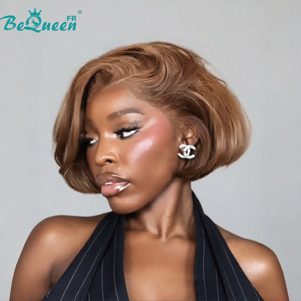 BeQueen "Chris" Perruque Pixie Lisse Couleur Marron Raie du côté lace closure sans colle 100% raw hair bonne qualité peut durer 20 ans style 32
