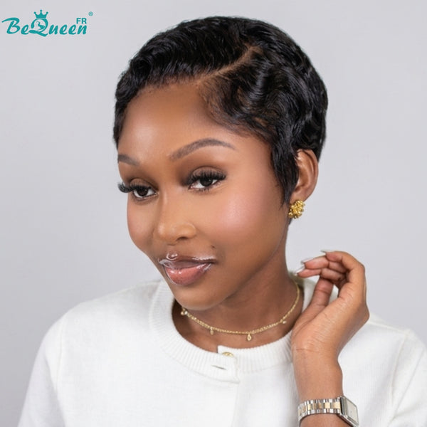 Bequeen Peluca “Suwe” Pixie negro Sin pegamento Frontal Lace Con raya lateral estilo 11