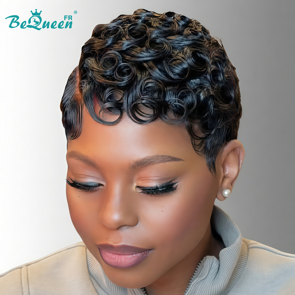 Bequeen Peluca “Suwe” Pixie negro Sin pegamento Frontal Lace Con raya lateral estilo 11
